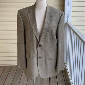LANDS END Houndstooth Blazer Wool Silk Linen Blend Mens 46L Sport Coat Jacket